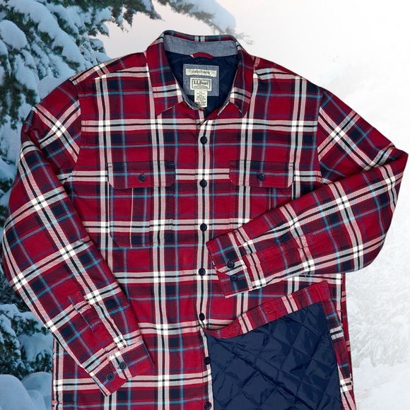 LL Bean Slightly Fitted Red Blue Plaid Quilted Lined Shirt Jacket Cabin Core - Picture 3 of 6